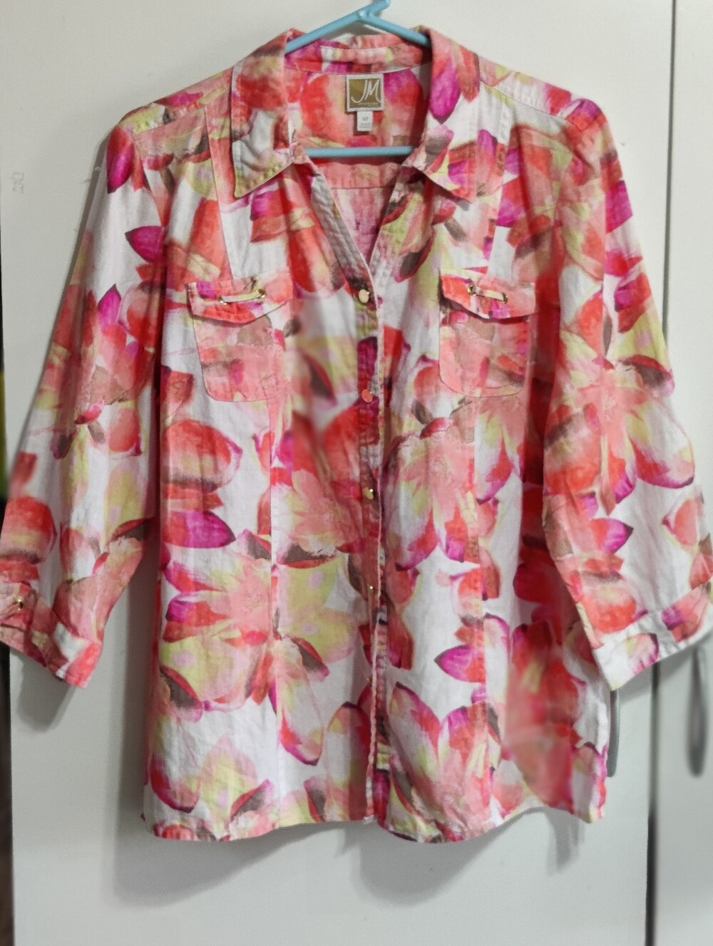 JM 100% Linen Floral Button-Up Shirt